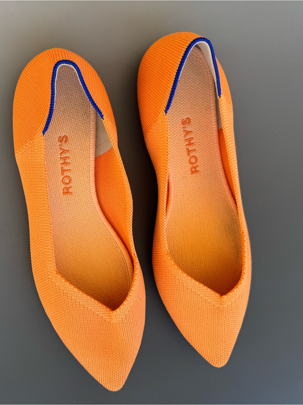 Rothy's Orange Pointed Knit Flats with Blue Trim